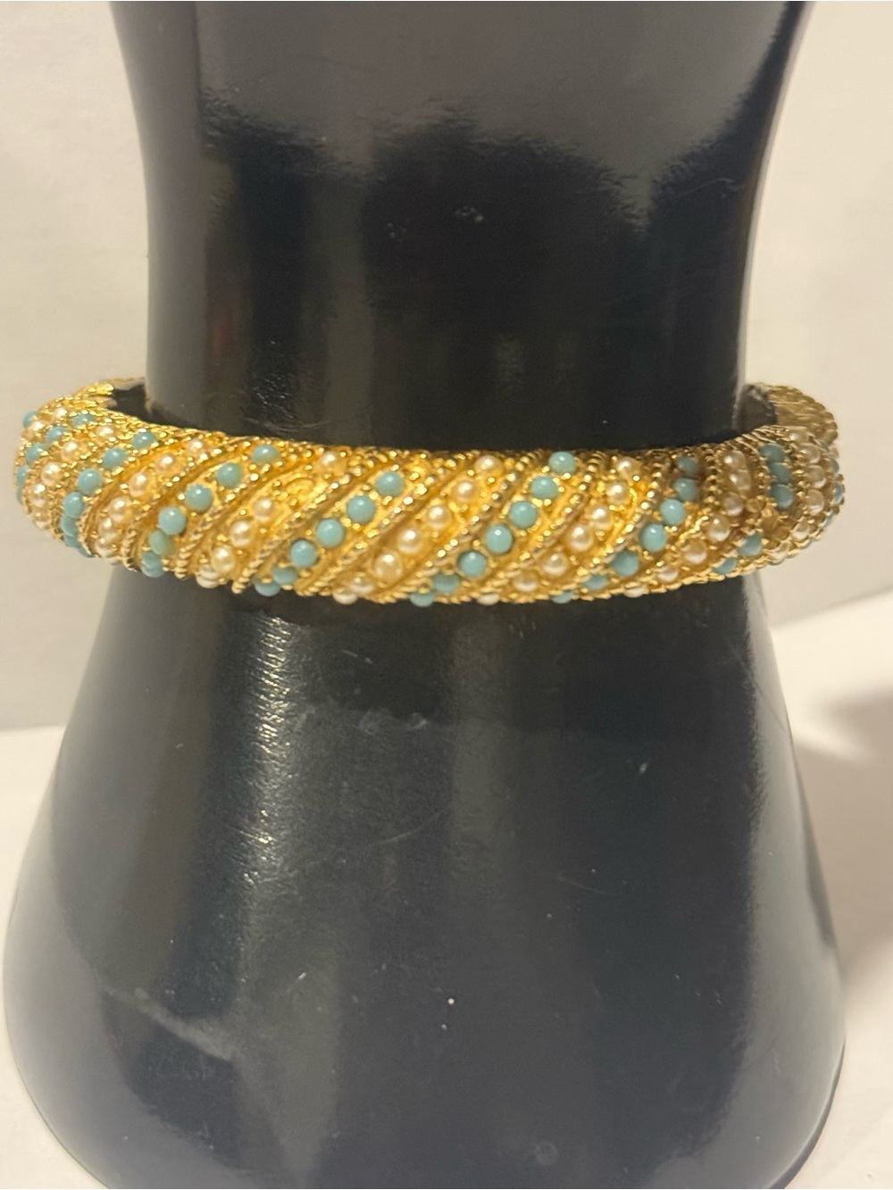 Vintage Unsigned “Les Bernard” Clamper with faux turquoise and Faux Pearls seeds